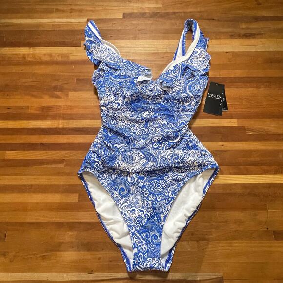 Ralph Lauren ARTISANAL WOODBLOCK Ruffled Tummy-Control Swimsuit US 6 - Picture 2 of 10